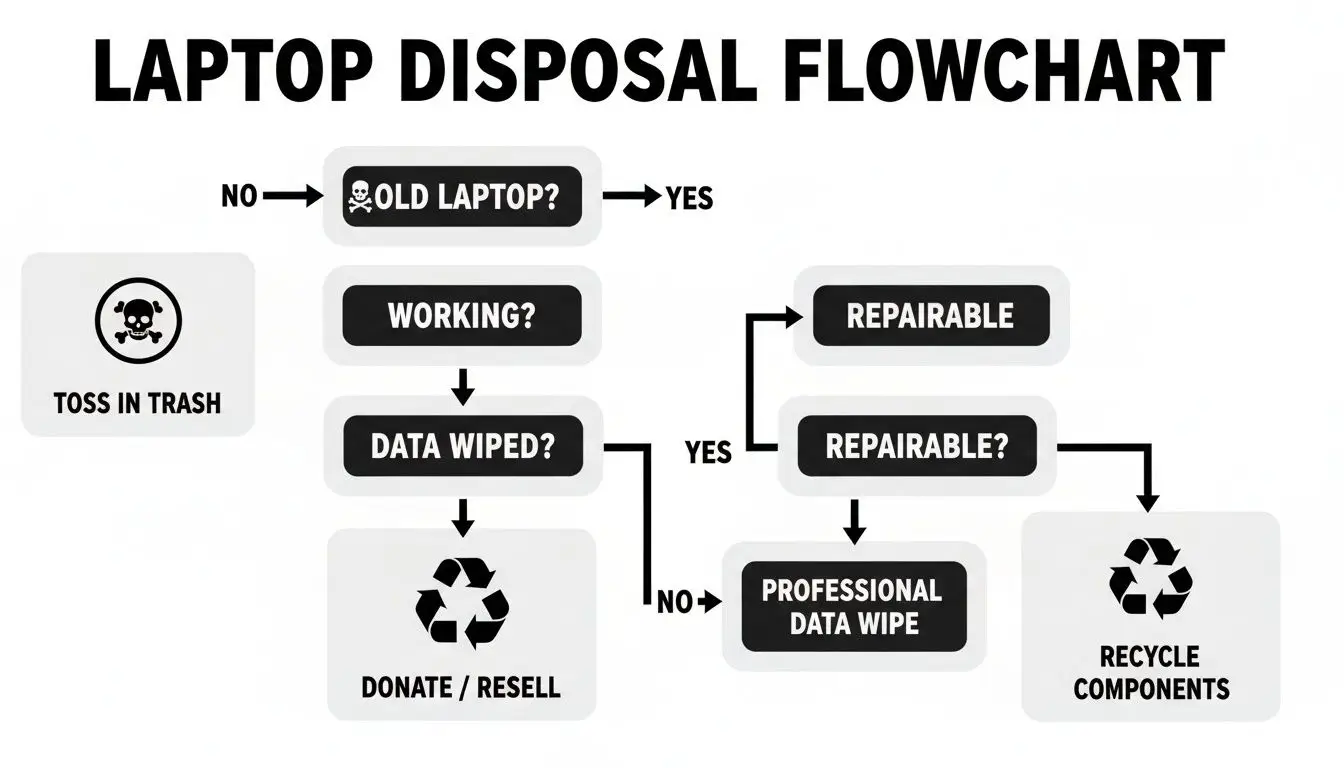 A detailed flowchart illustrating the safe and responsible disposal process for old or broken laptops.