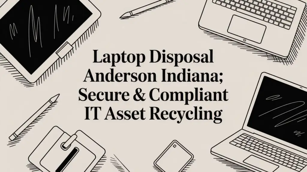 Illustrated laptops, tablets, and floppy disks surround the text "Laptop Disposal Anderson Indiana; Secure & Compliant IT Asset Recycling" on a light background.