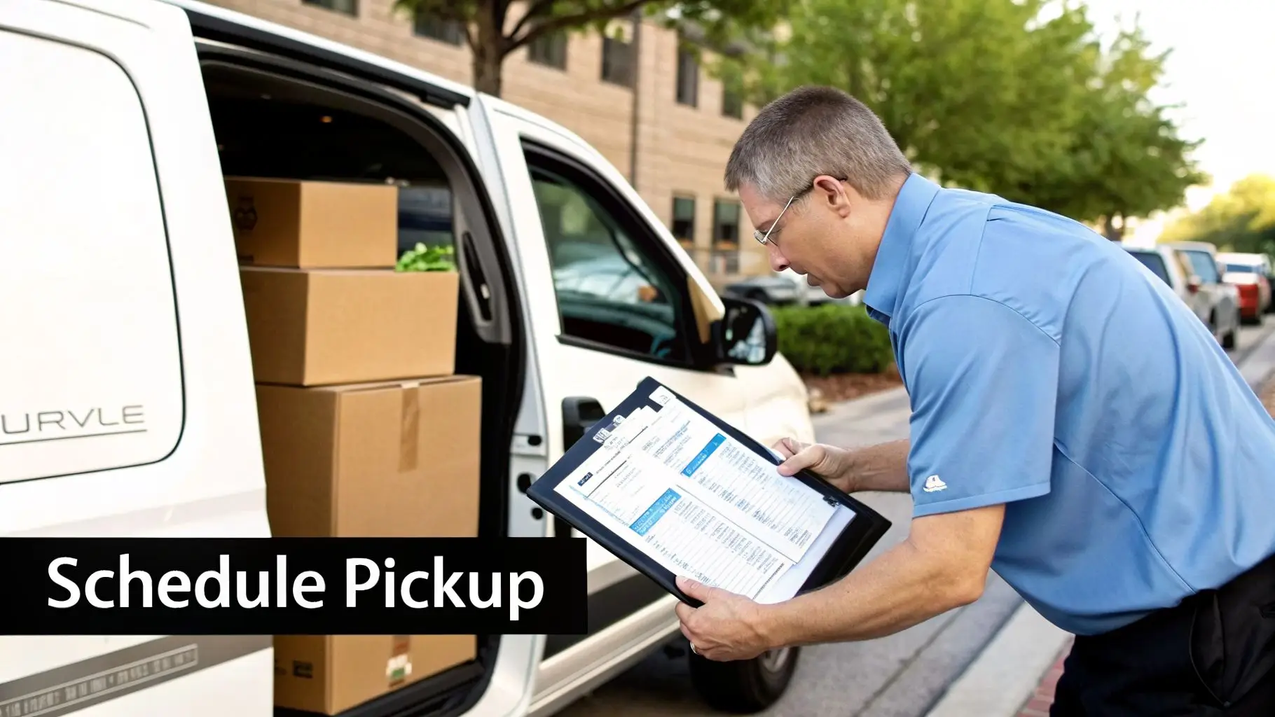 A delivery driver checking documents on a clipboard next to a white van filled with boxes.