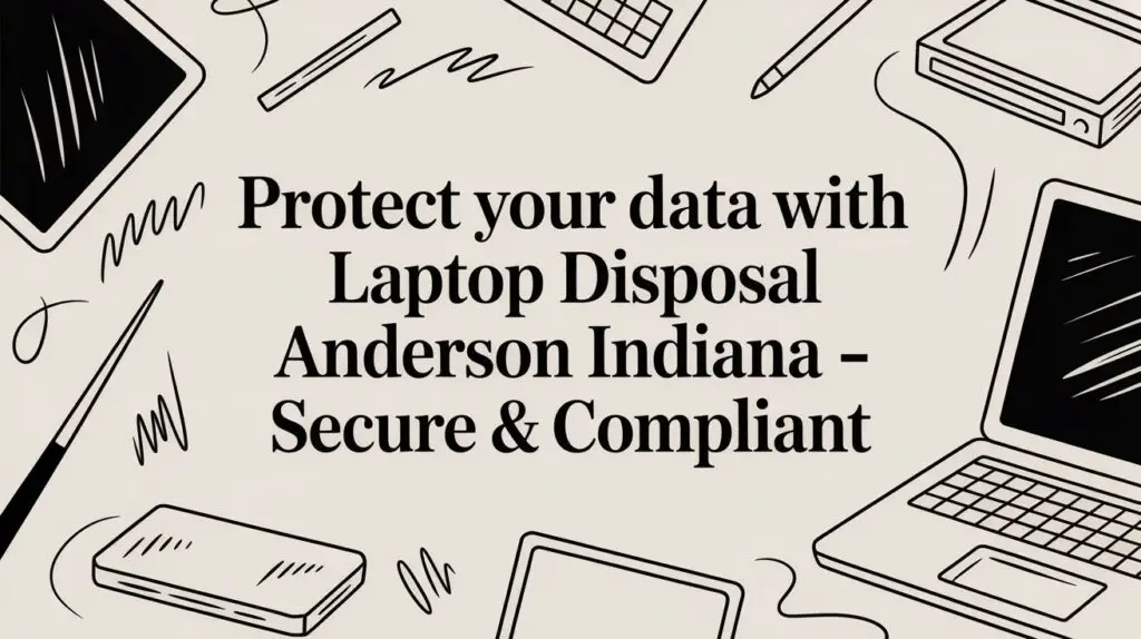Illustration with laptops, tablets, and pens around the text: "Protect your data with Laptop Disposal Anderson Indiana - Secure & Compliant.