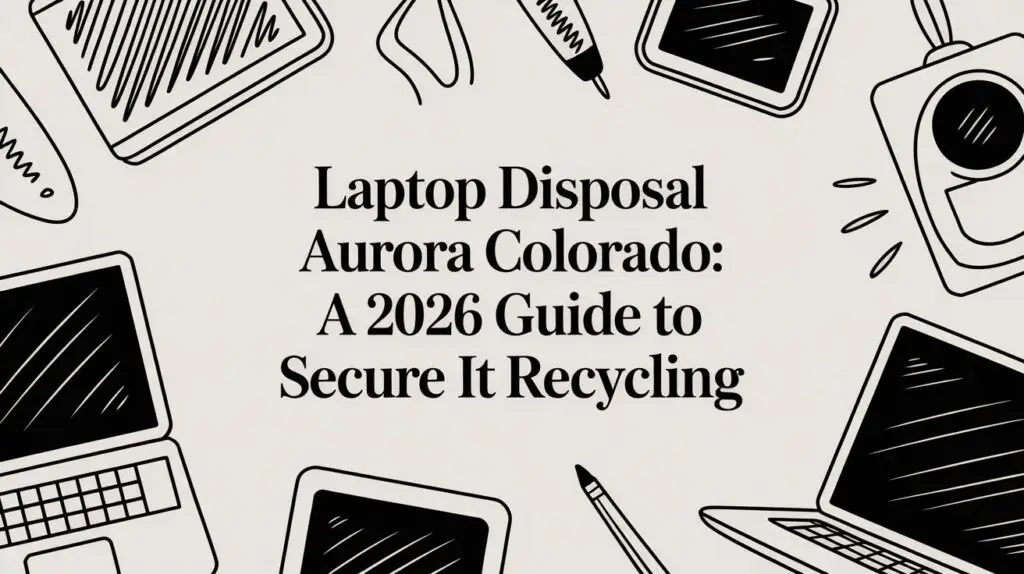Illustrated laptops, tablets, and electronics surround the text: "Laptop Disposal Aurora Colorado: A 2026 Guide to Secure IT Recycling" on a light background.