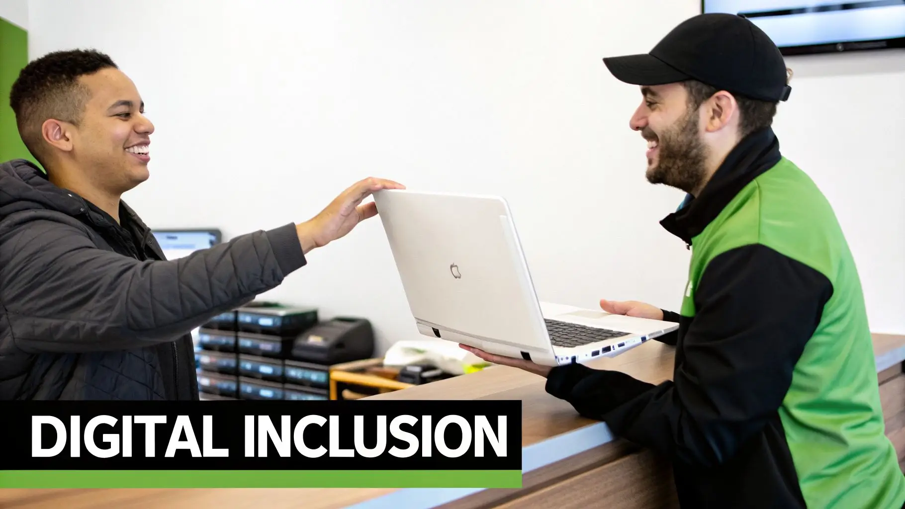 Two smiling men exchanging a white laptop, one wearing a green and black jacket.