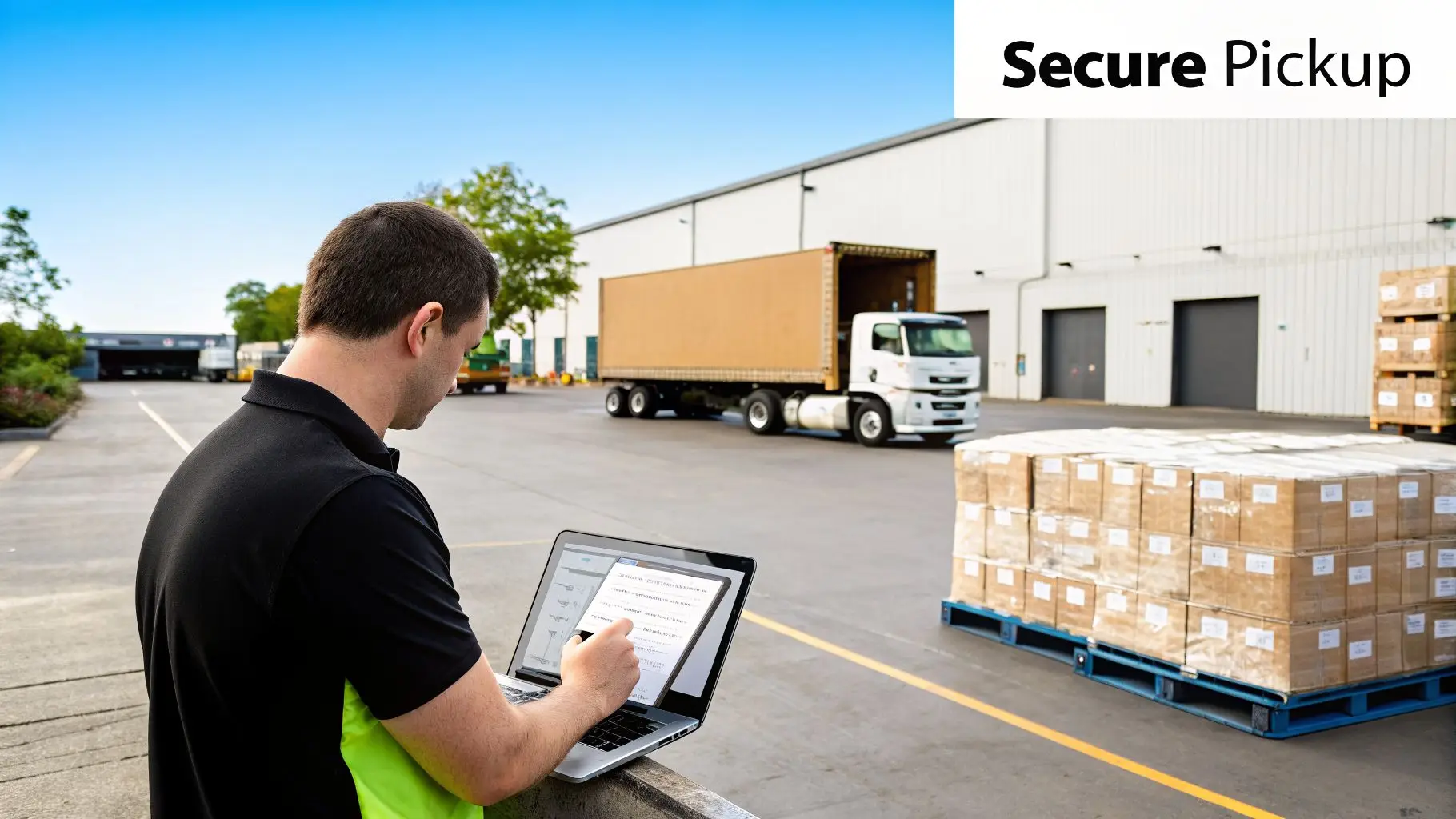 A man in a warehouse yard uses a laptop, overseeing a secure pickup with a truck and stacked boxes.