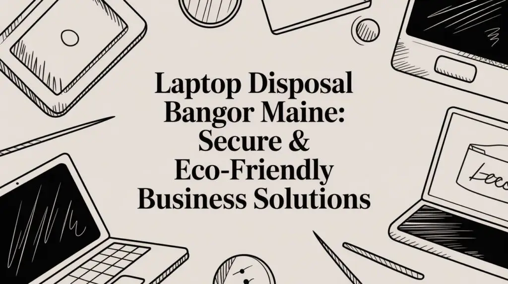 Illustrated laptops and computer devices surround the text "Laptop Disposal Bangor Maine: Secure & Eco-Friendly Business Solutions" on a light background.
