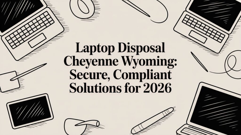 Illustration of laptops, tablets, a mouse, cord, and pen surrounding the text: "Laptop Disposal Cheyenne Wyoming: Secure, Compliant Solutions for 2026" on a light background.