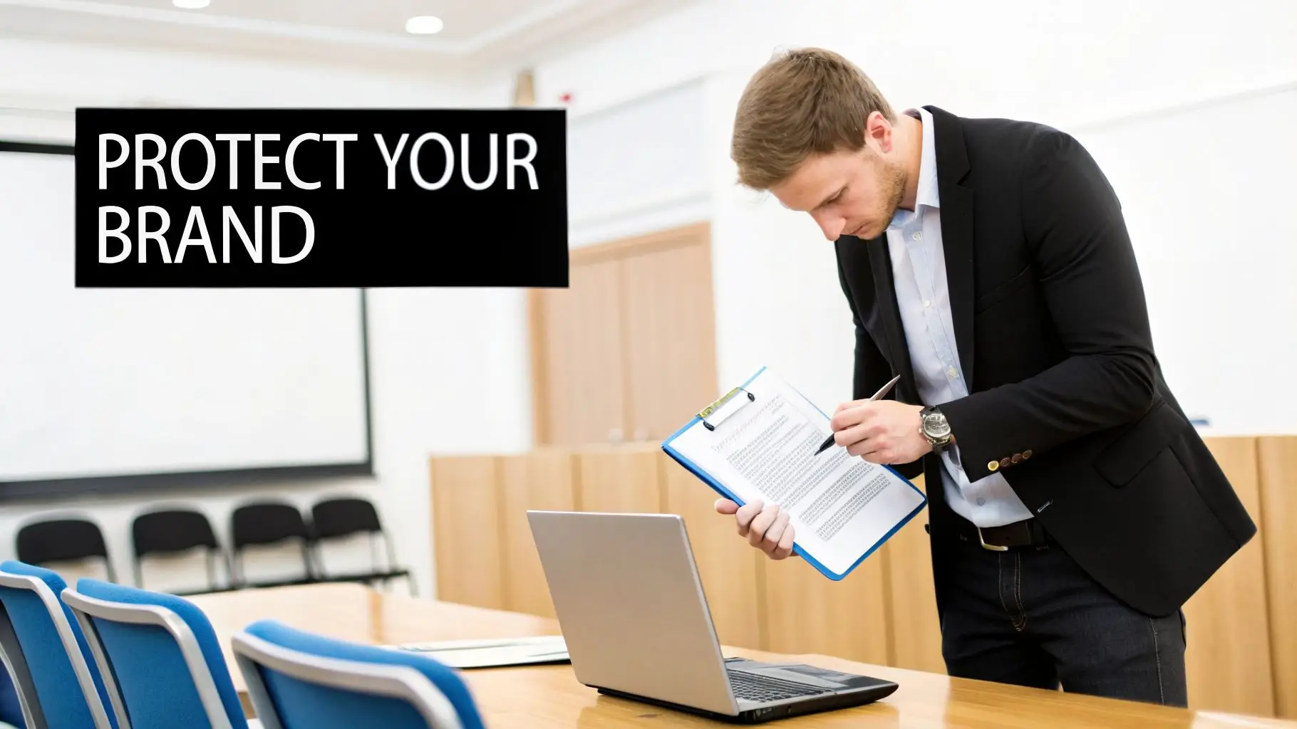 A businessman signing papers with a laptop on the table and a 'Protect Your Brand' sign.