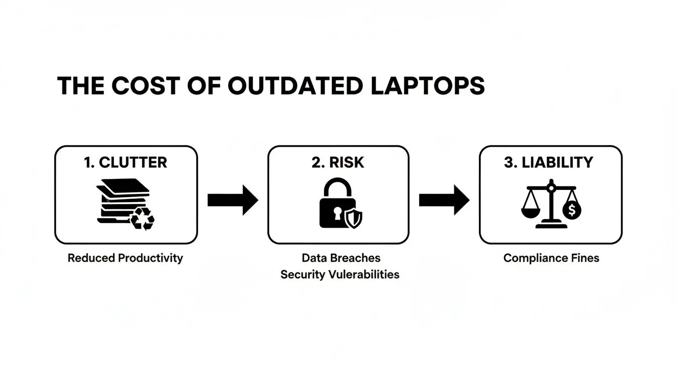 Flowchart showing the costs of outdated laptops: reduced productivity from clutter, data breaches from risk, and compliance fines from liability.
