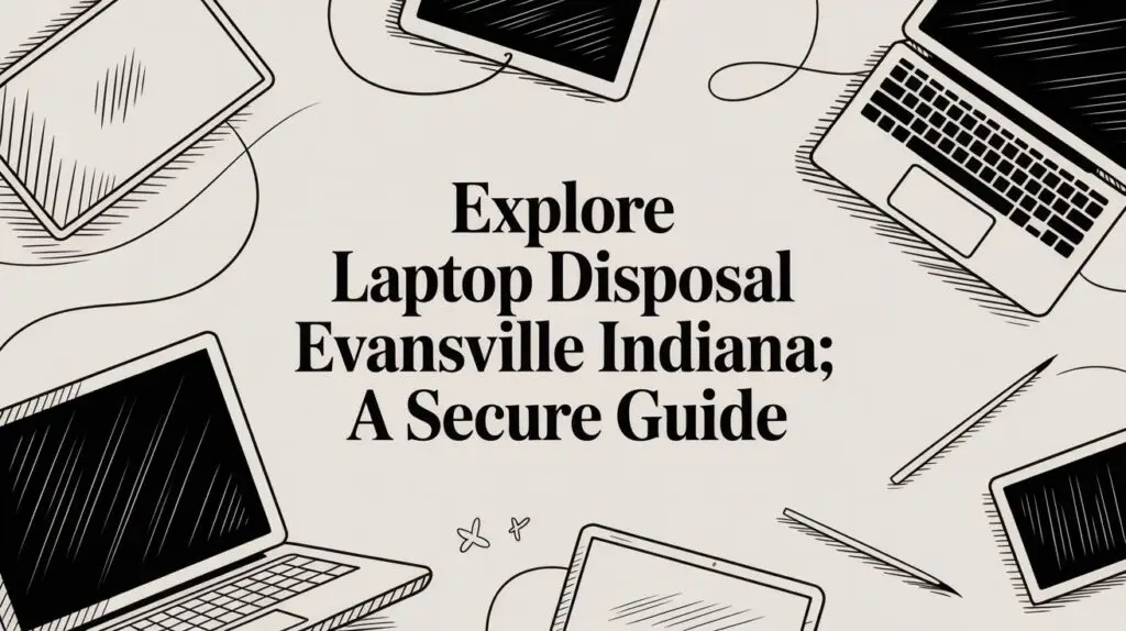 Illustrated laptops surround the text: "Explore Laptop Disposal Evansville Indiana; A Secure Guide" on a light background with cable and device sketches.