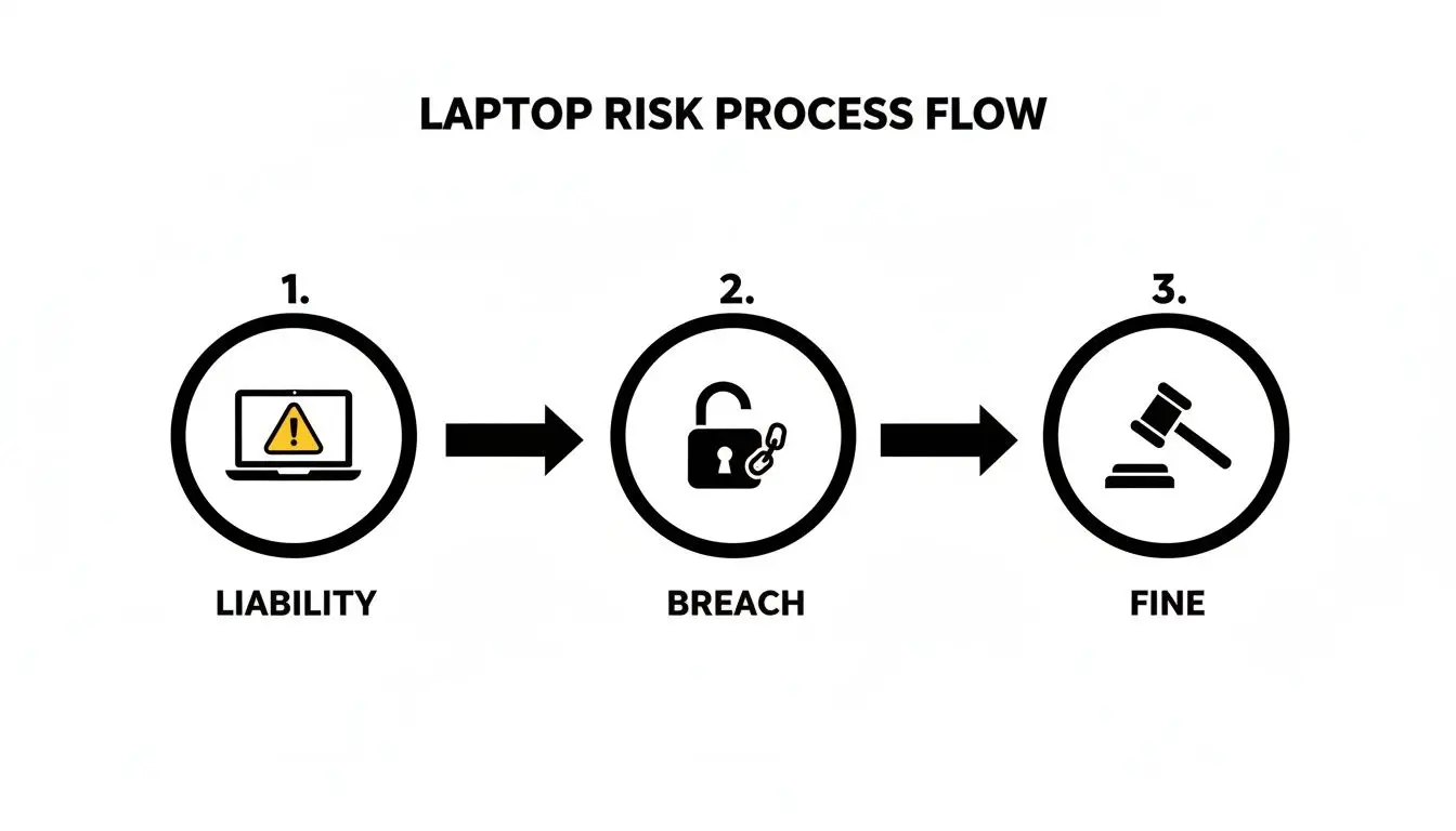 Diagram illustrating laptop risk process: potential liability, data breach, and resulting fine.