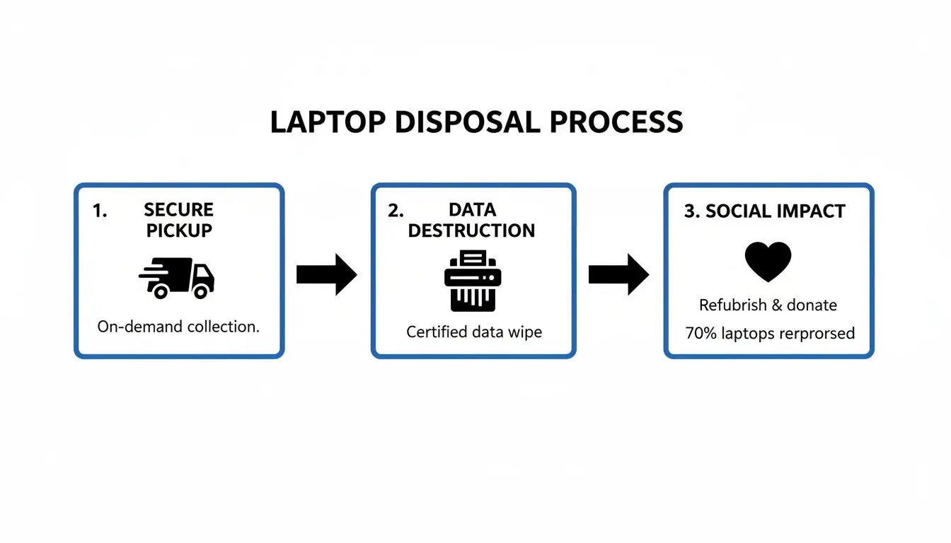 Diagram showing a three-step laptop disposal process: secure pickup, data destruction, and social impact.