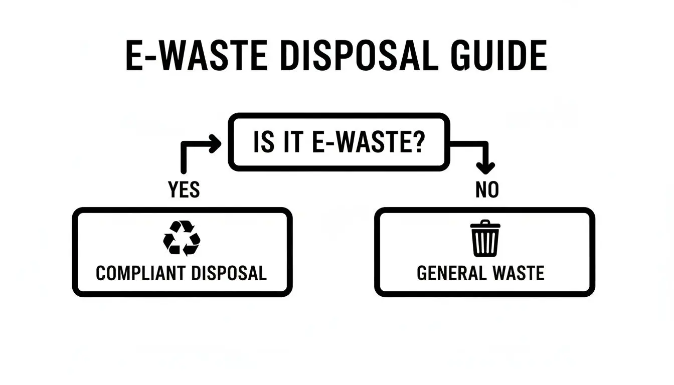 Flowchart guiding e-waste disposal, differentiating between compliant recycling and general waste options.