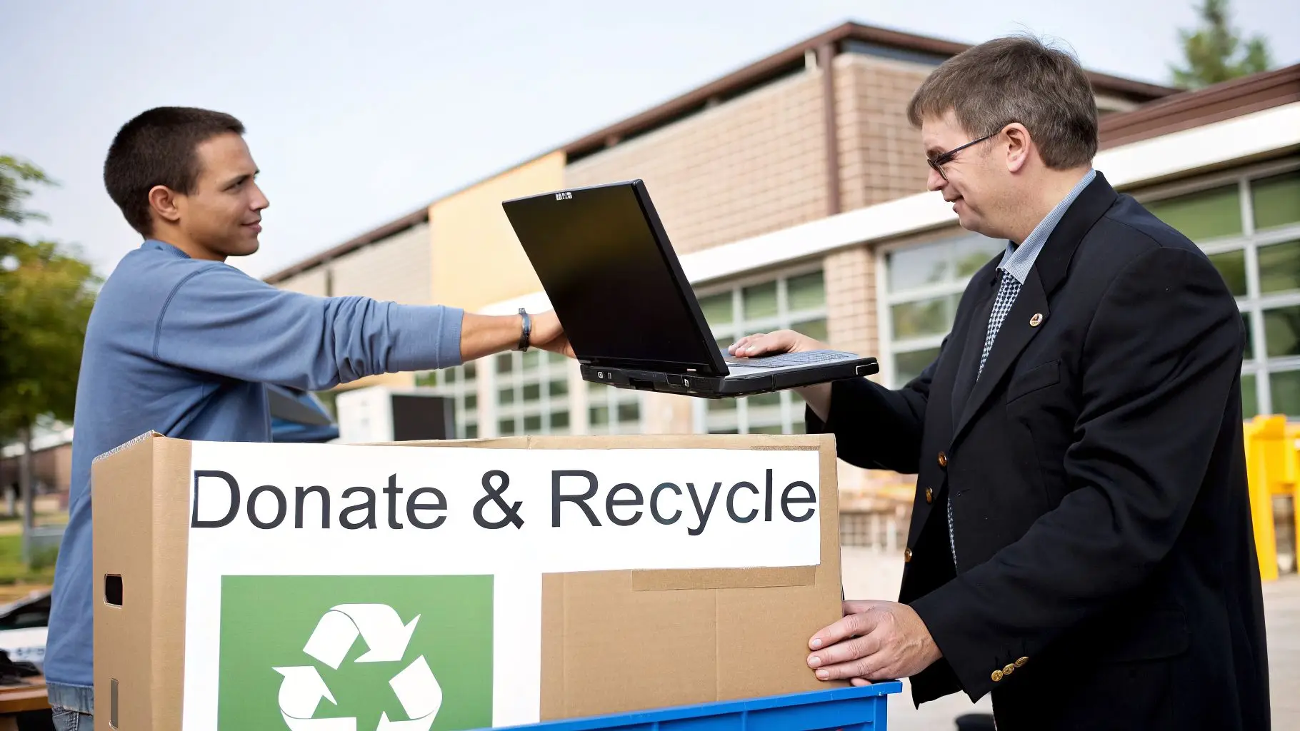 A young man hands a black laptop to an older man beside a "Donate & Recycle" box.