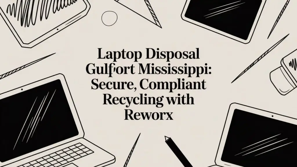Illustration of laptops, pens, and paper clips surrounding the text "Laptop Disposal Gulfport Mississippi: Secure, Compliant Recycling with Reworx" on a beige background.