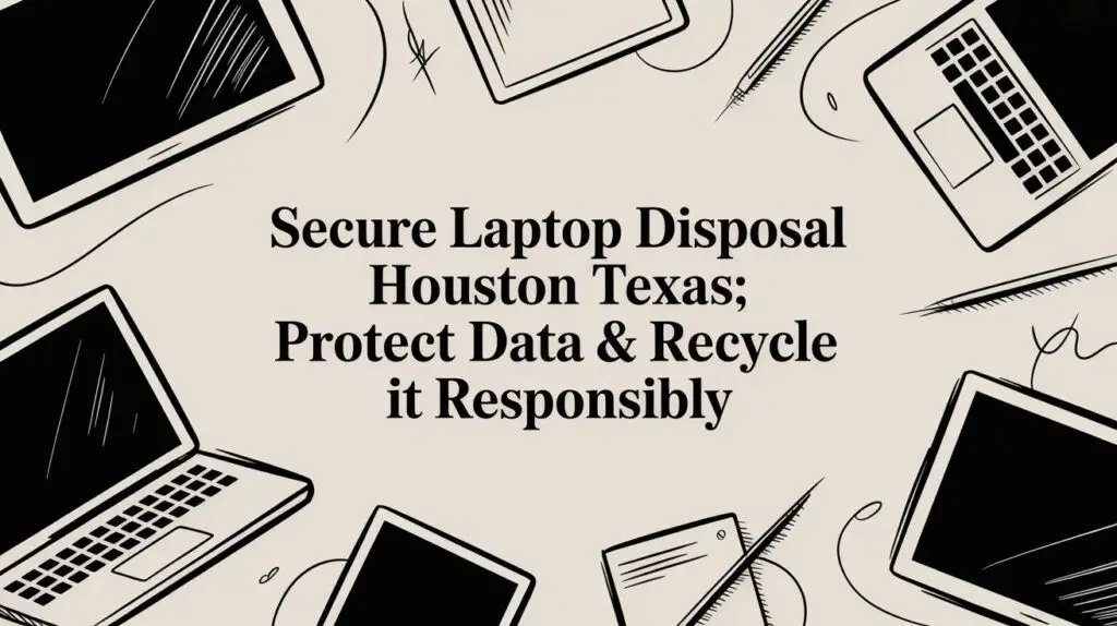 Illustrated background with laptops, tablets, and devices surrounding text that reads: "Secure Laptop Disposal Houston Texas; Protect Data & Recycle it Responsibly.