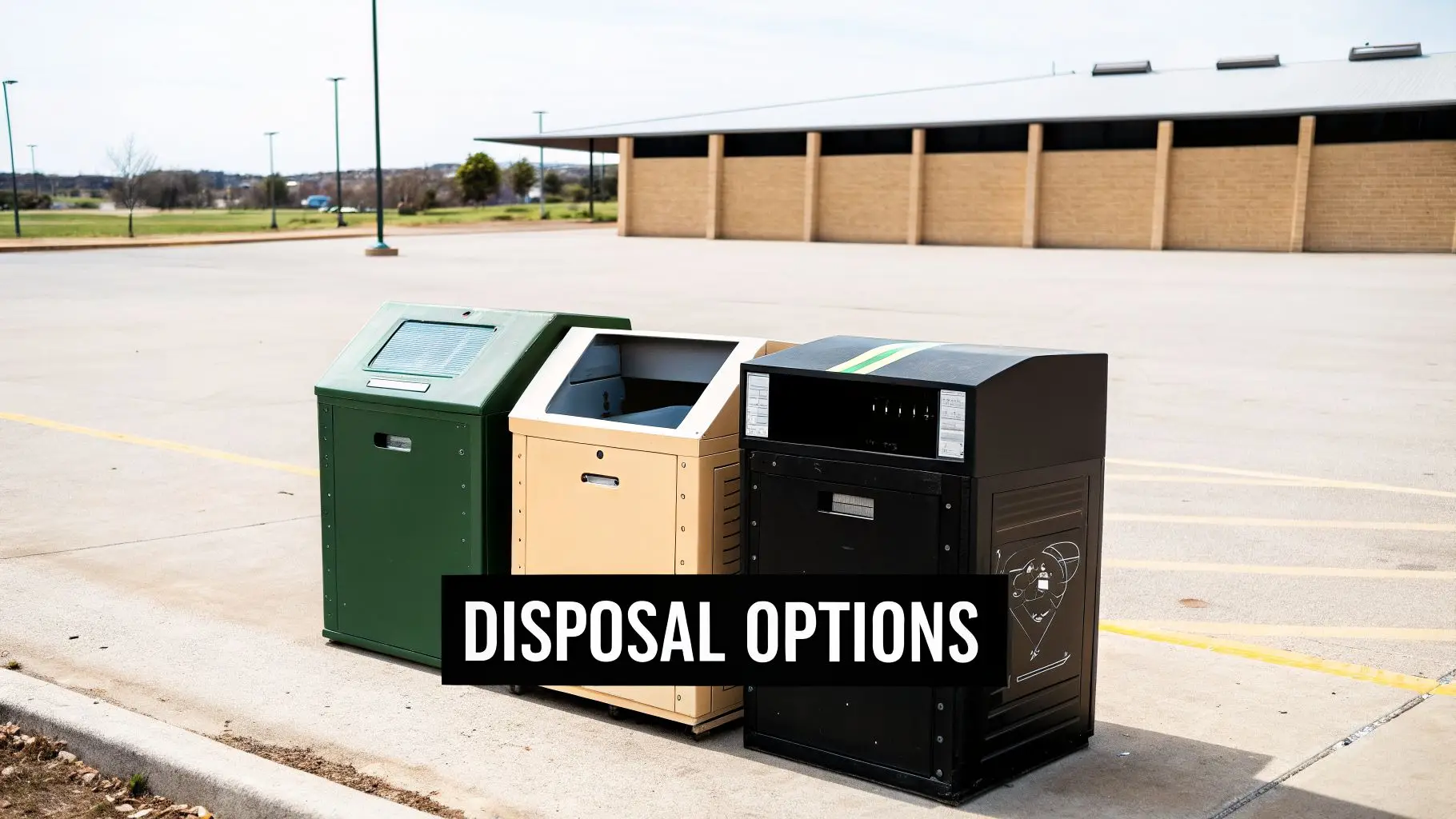 Three distinct disposal bins, green, tan, and black, stand in a paved outdoor area.