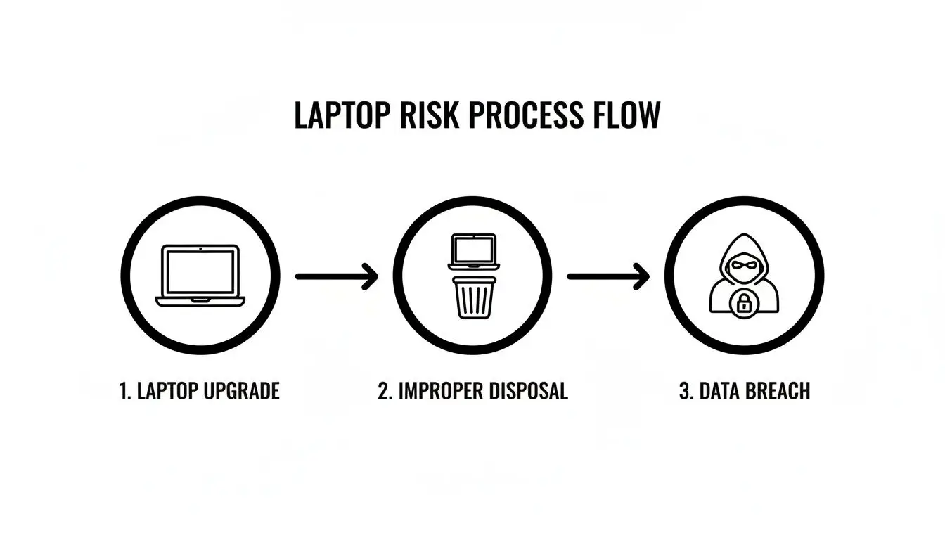 A flowchart illustrates laptop risk: upgrade leads to improper disposal, resulting in a data breach.