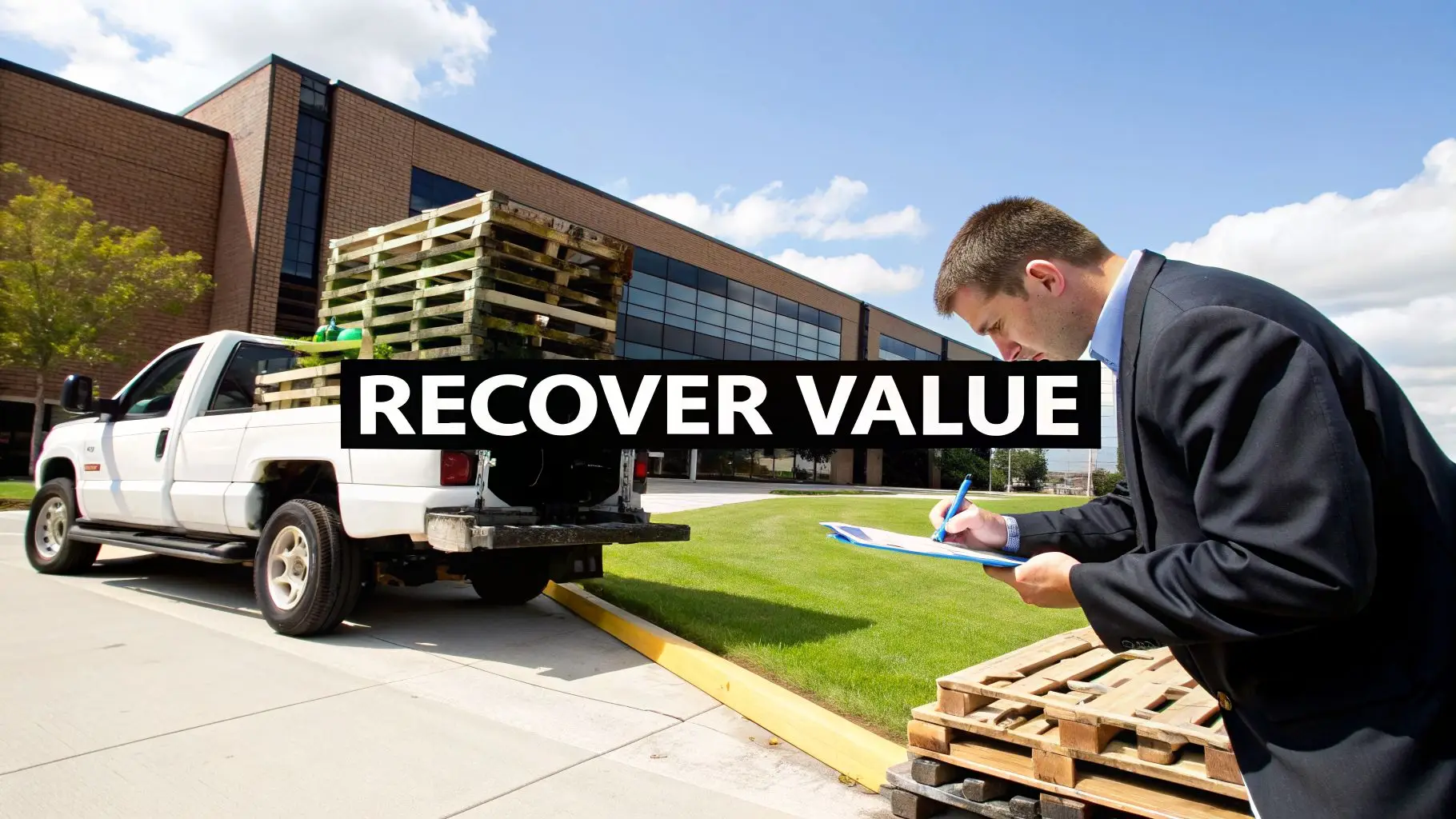 A man in a suit inspects wooden pallets next to a white truck, with 'RECOVER VALUE' text.
