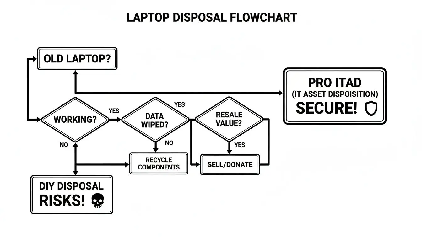 A laptop disposal flowchart illustrating steps from checking if the laptop works to secure IT asset disposition or recycling.
