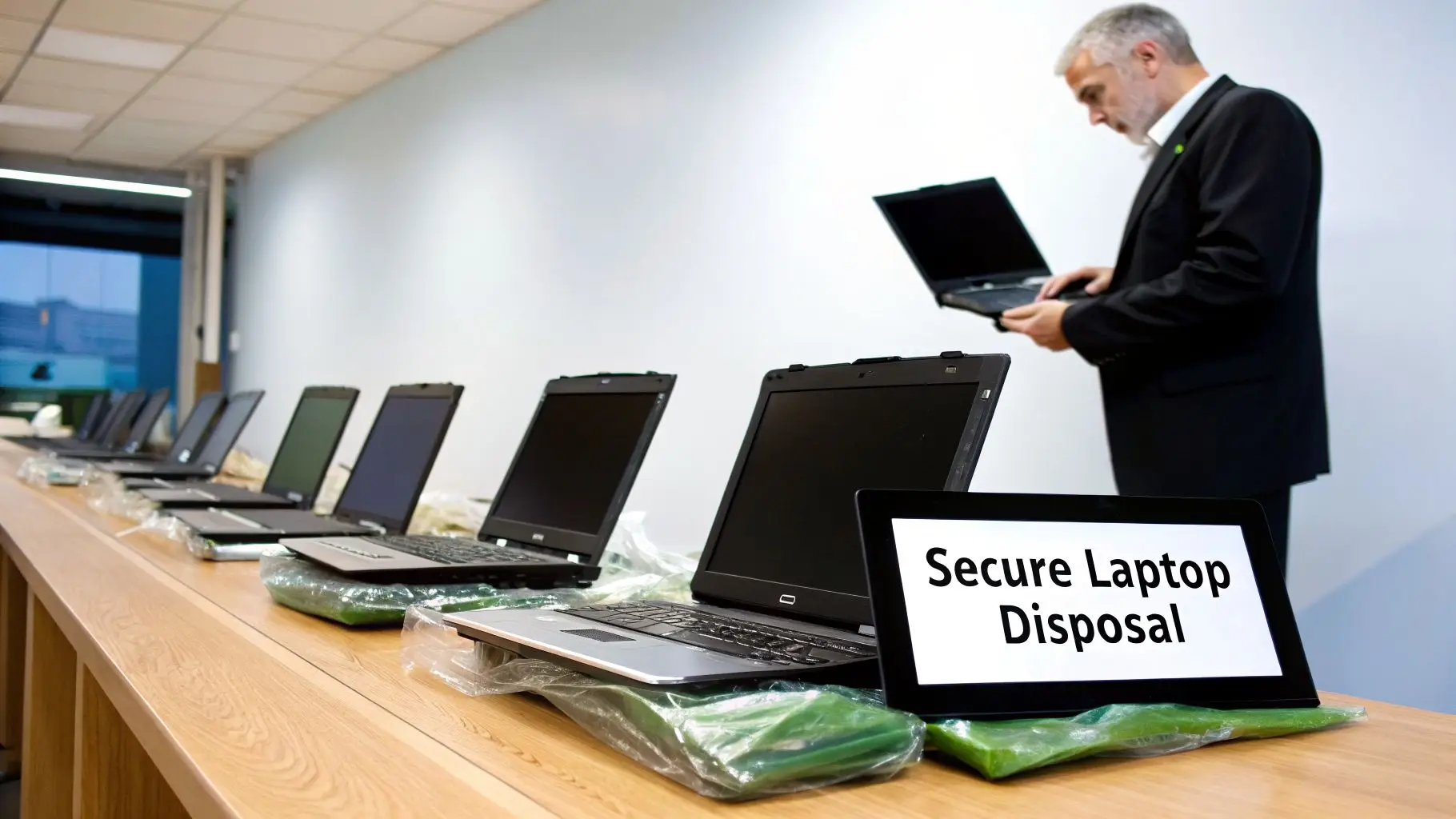 A man stands by a table with many laptops and a 'Secure Laptop Disposal' sign.