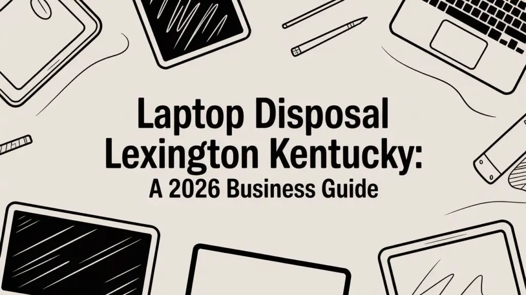 Illustration of laptops, tablets, and pens surrounding the text "Laptop Disposal Lexington Kentucky: A 2026 Business Guide" on a light background.