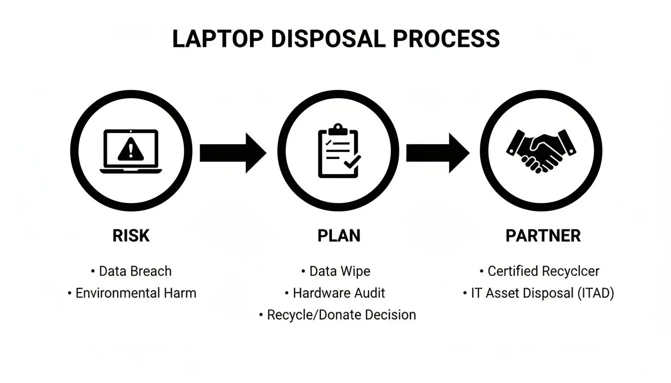 Infographic illustrating the three-step laptop disposal process: Risk, Plan, and Partner with key considerations.