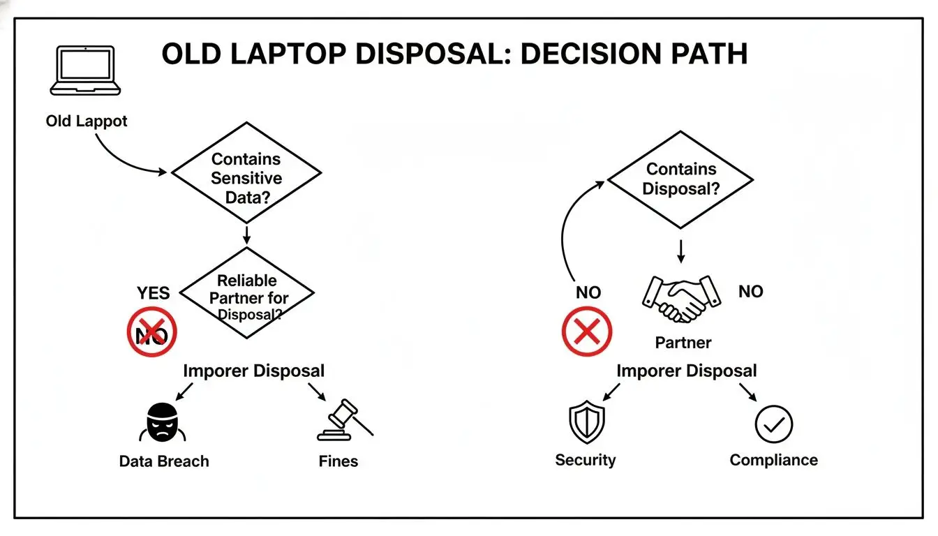 A flowchart on old laptop disposal decisions, covering sensitive data handling, proper disposal, data breach, and compliance.