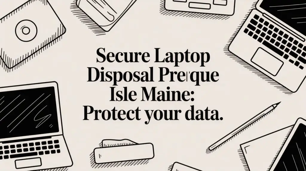Illustrated laptops, hard drives, and electronic devices surround text that reads, "Secure Laptop Disposal Perque Isle Maine: Protect your data," on a beige background.