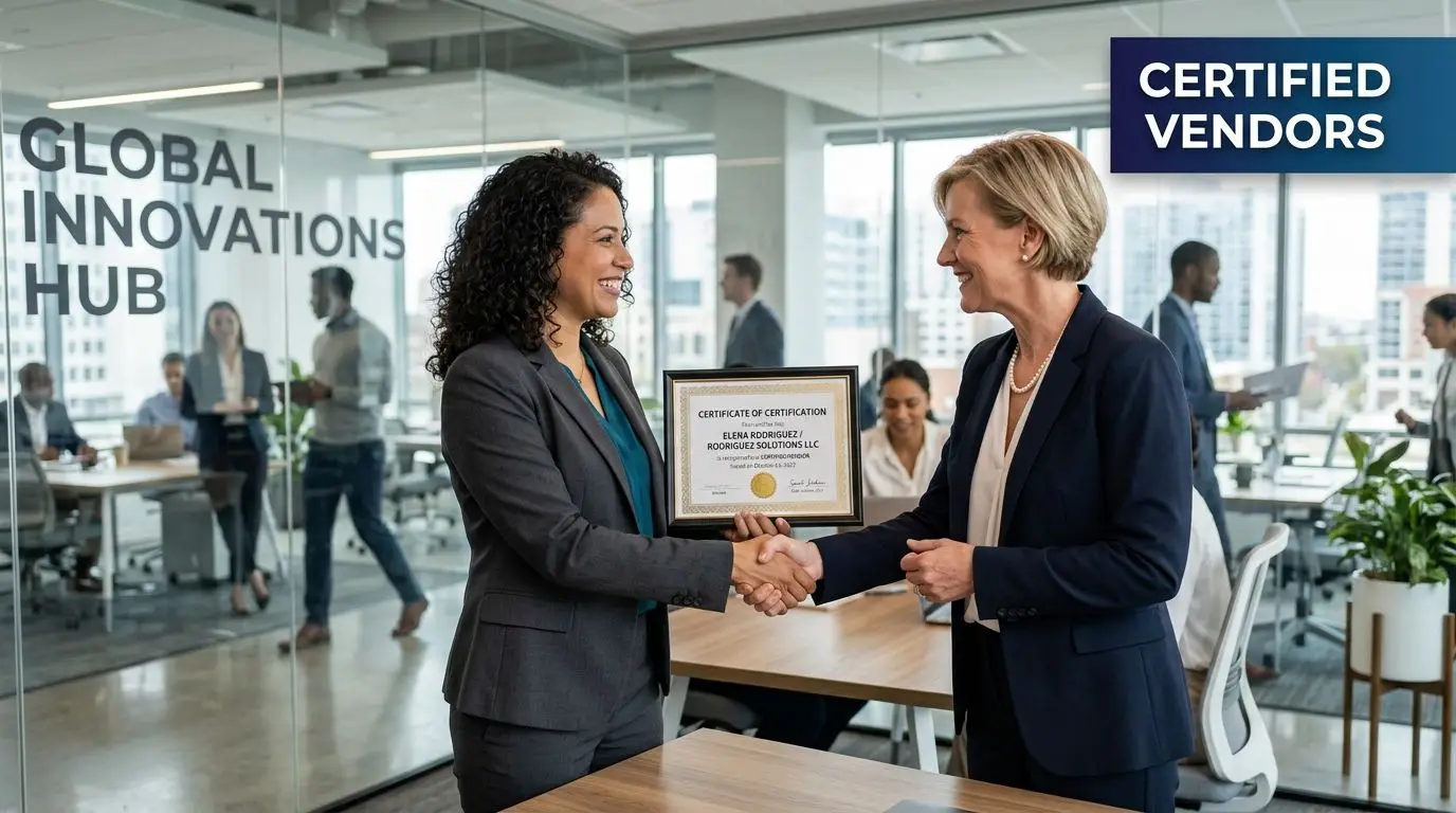 A professional woman receives a certificate from her colleague in a modern business office environment.
