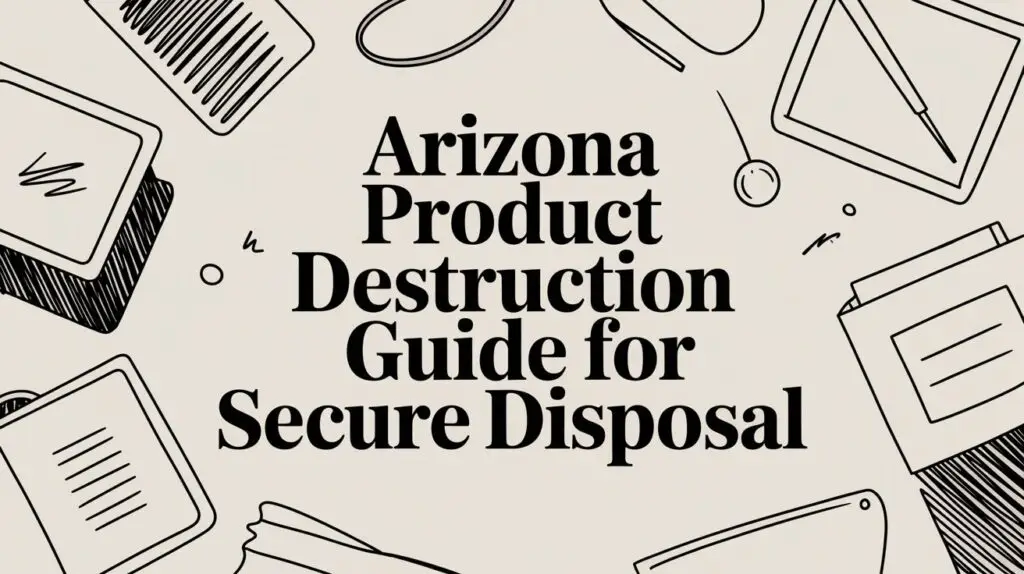 Text reads "Arizona Product Destruction Guide for Secure Disposal" surrounded by illustrated office items like folders, papers, and pens on a beige background.