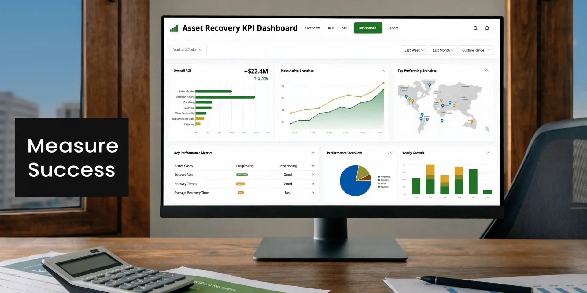 A computer monitor displaying an asset recovery KPI dashboard on a desk in a bright office.