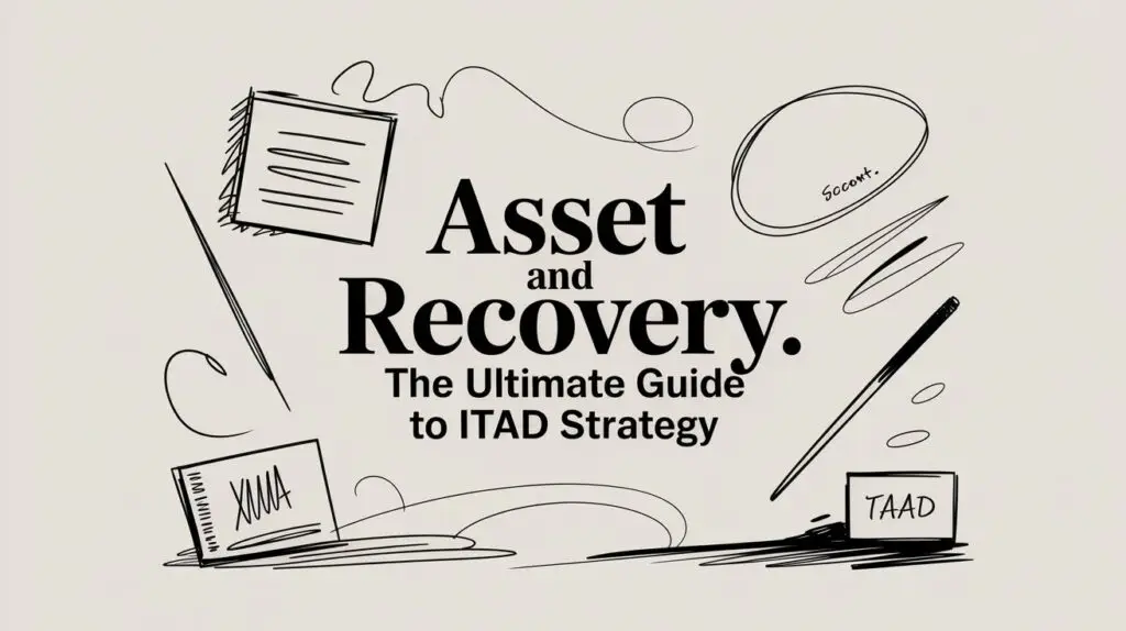Black hand-drawn office items surround bold text reading, "Asset and Recovery. The Ultimate Guide to ITAD Strategy," on a light background. Items include papers, a speech bubble, a pen, and boxes labeled "XXX" and "TAAD.