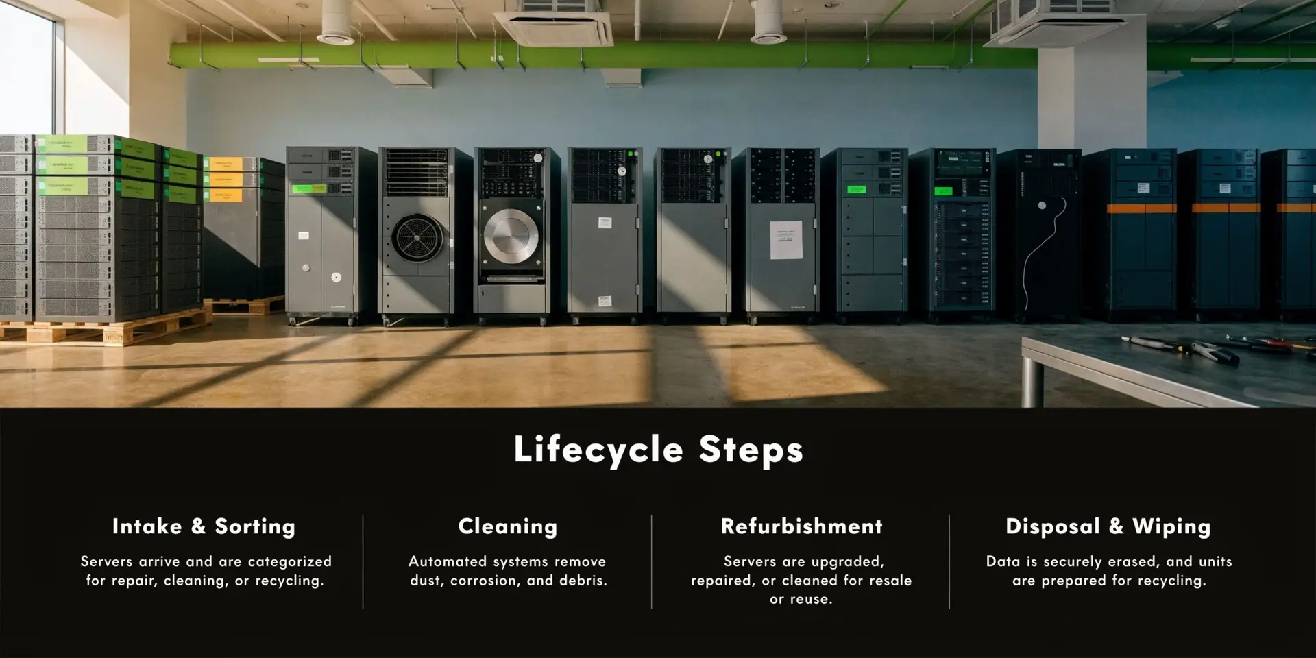 A row of industrial servers in a clean facility, representing server lifecycle management and data hardware recovery processes.