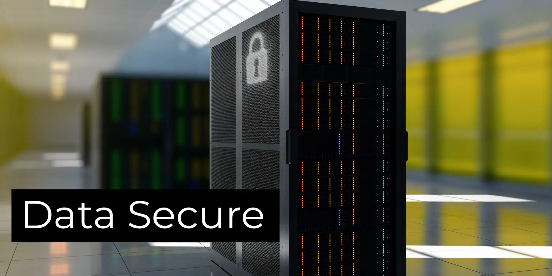 A modern server rack with a glowing security padlock icon inside a professional data center facility.