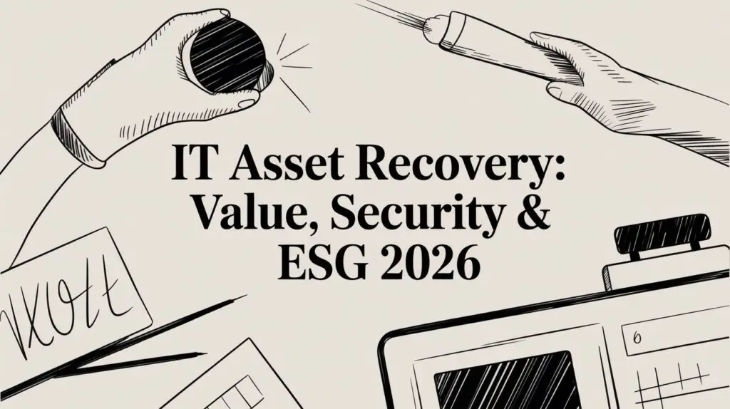 Black and white illustration with hands holding a computer mouse and a pen, papers, and devices. Text reads: "IT Asset Recovery: Value, Security & ESG 2026.