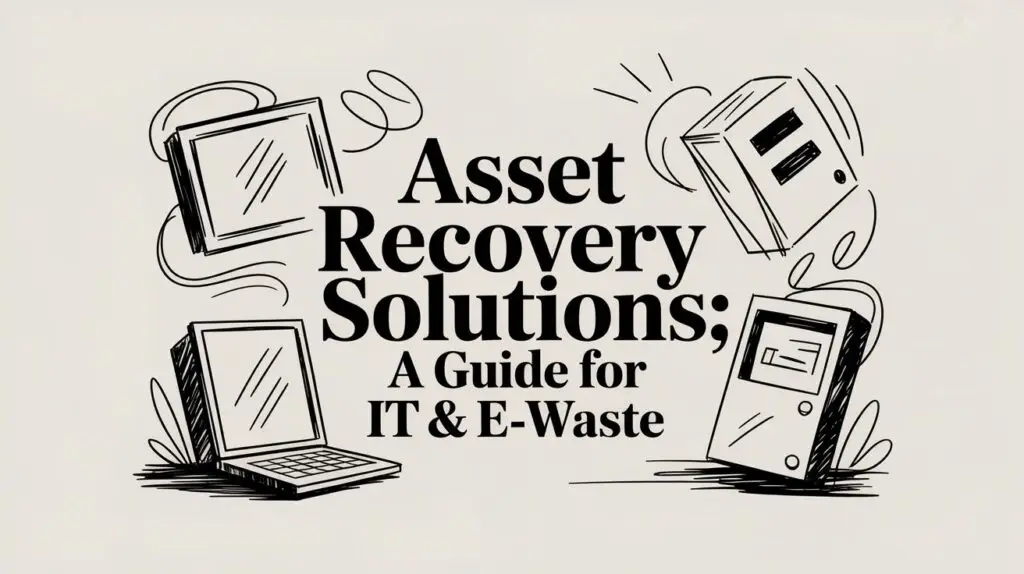 Illustration of various electronic devices, including a laptop, desktop monitor, and server, surrounding the text: "Asset Recovery Solutions; A Guide for IT & E-Waste" on a light background.