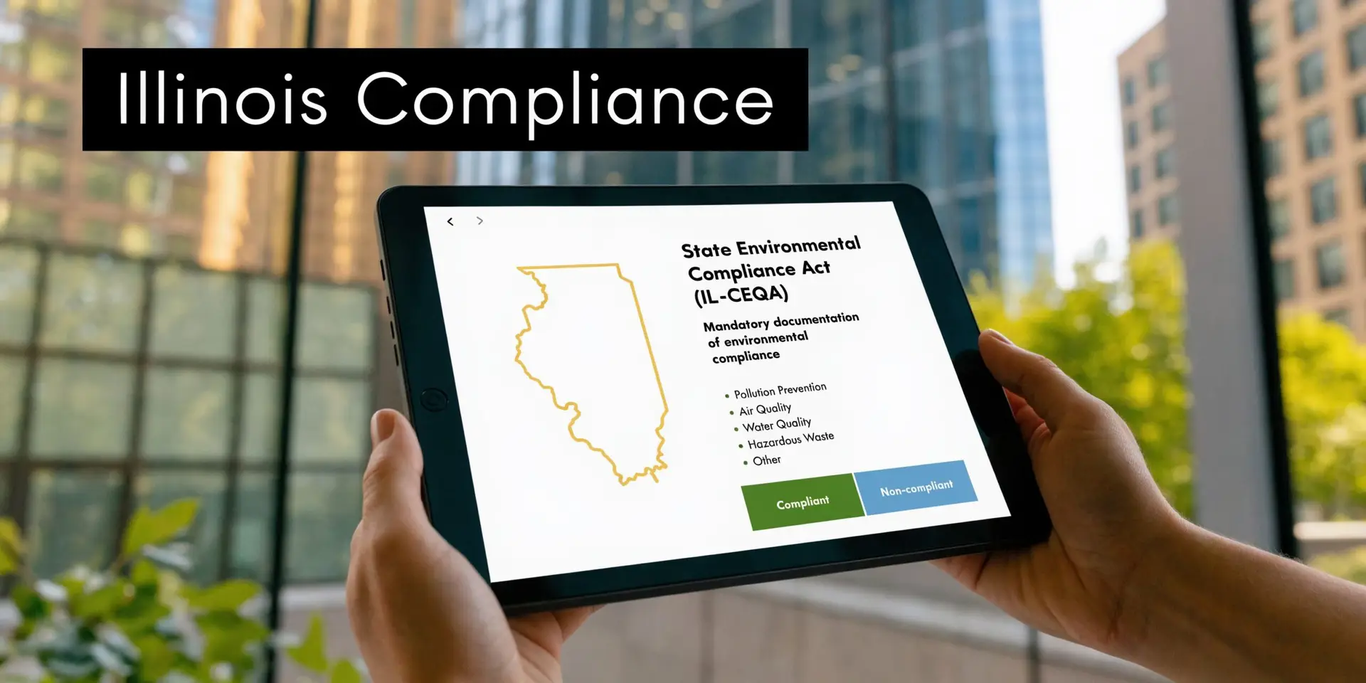 A person holding a tablet displaying the Illinois State Environmental Compliance Act documentation portal outdoors.