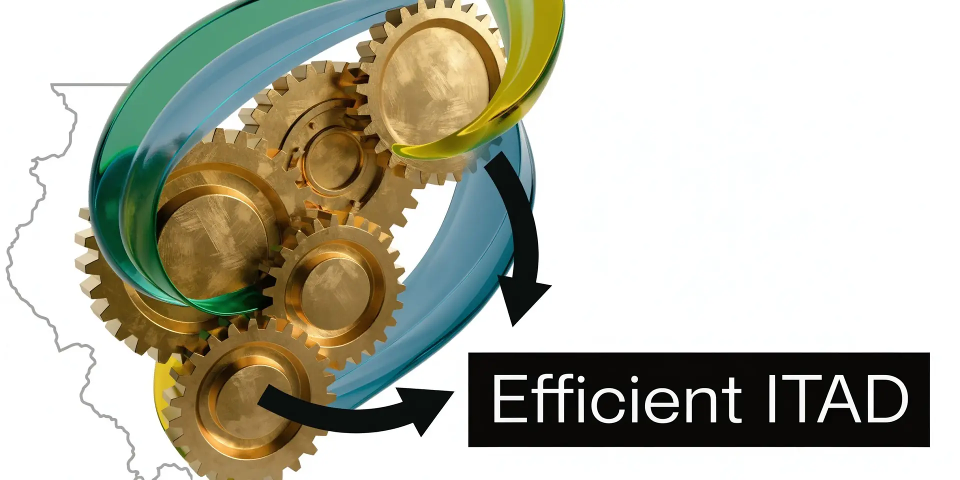 A conceptual 3D graphic showing golden gears connected with an outline map of Illinois, signifying efficient ITAD.