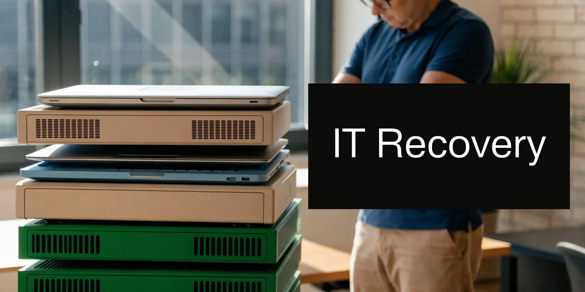 A stack of vintage and modern computers and electronic devices being organized for professional IT recovery services.