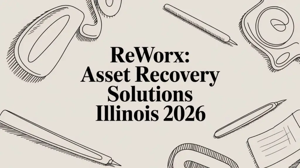 Text reads &ldquo;ReWorx: Asset Recovery Solutions Illinois 2026&rdquo; surrounded by sketched office items like a mouse, pen, notepad, and ruler on a light background.