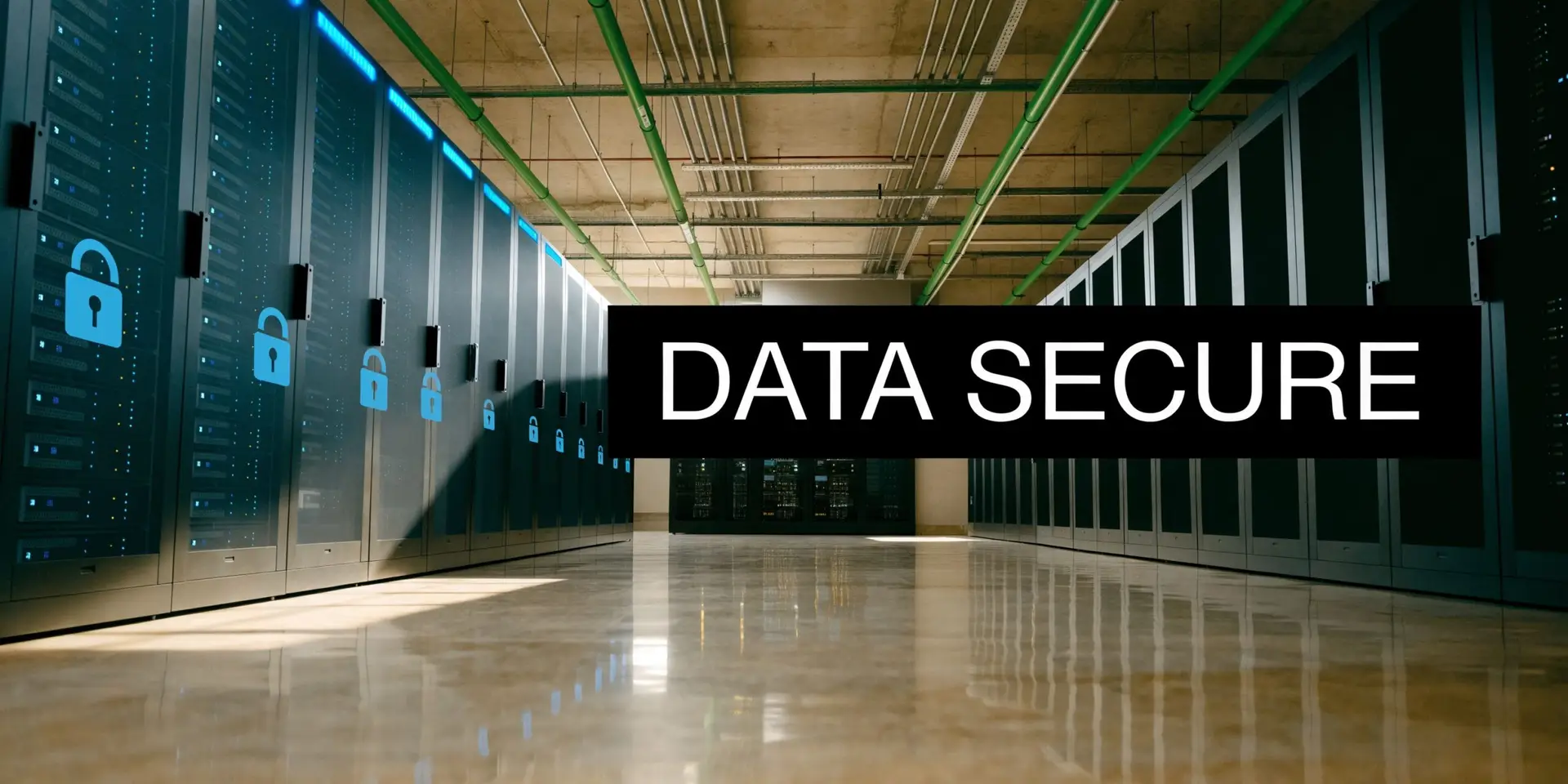 A modern server room with rows of racks featuring digital padlock icons and bold data secure text.