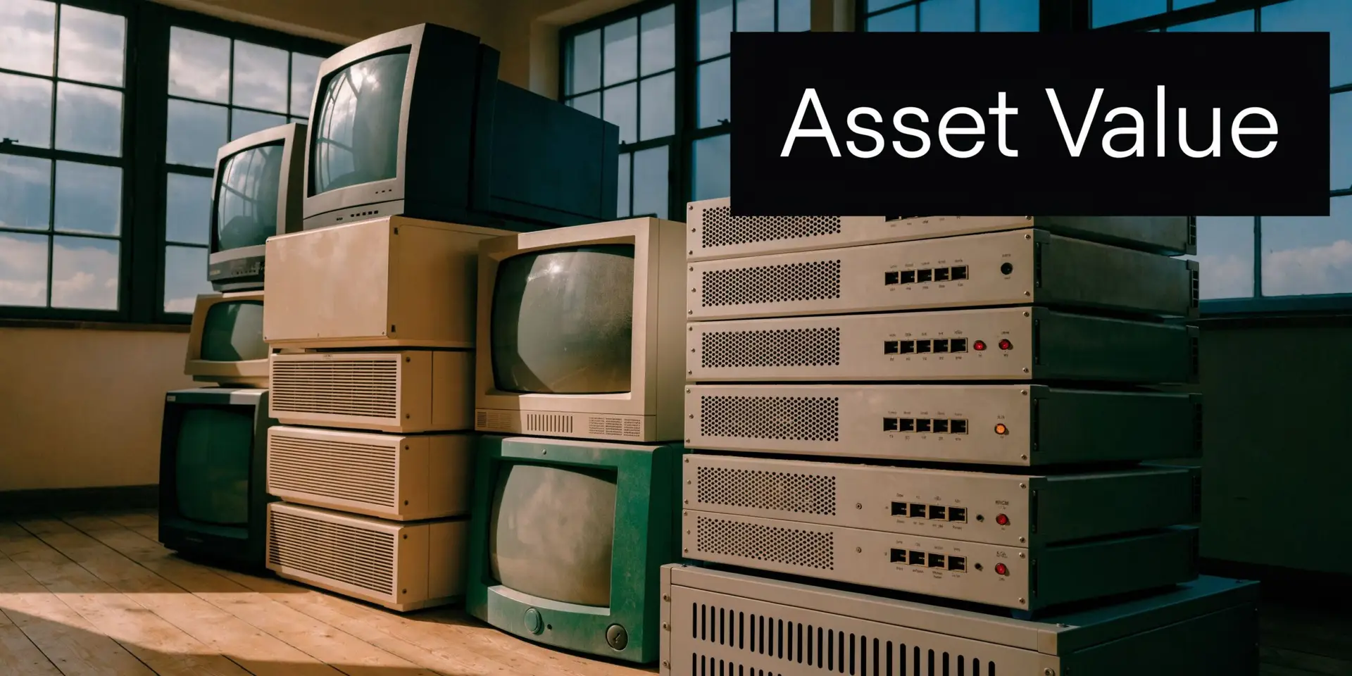 A stack of vintage monitors and server equipment sitting on a wooden floor in a room.