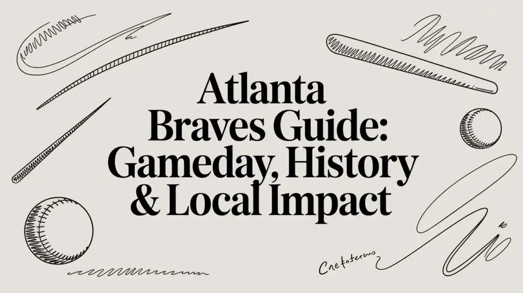 Text reads "Atlanta Braves Guide: Gameday, History & Local Impact" in bold black font. Black line art illustrations of baseballs and abstract lines surround the text on a light gray background.