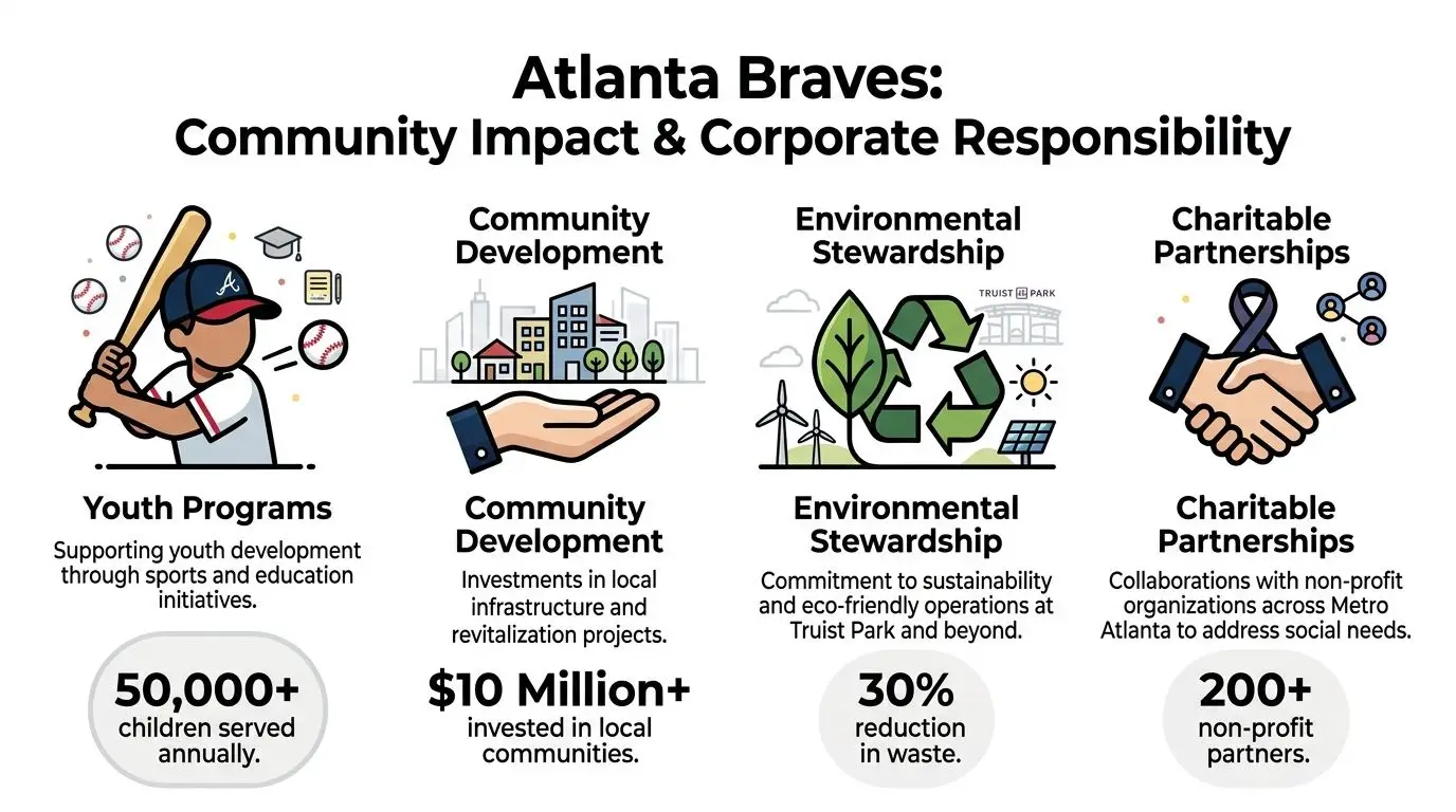 An infographic detailing the Atlanta Braves' community impact through youth programs, infrastructure investments, environmental stewardship, and charitable partnerships.