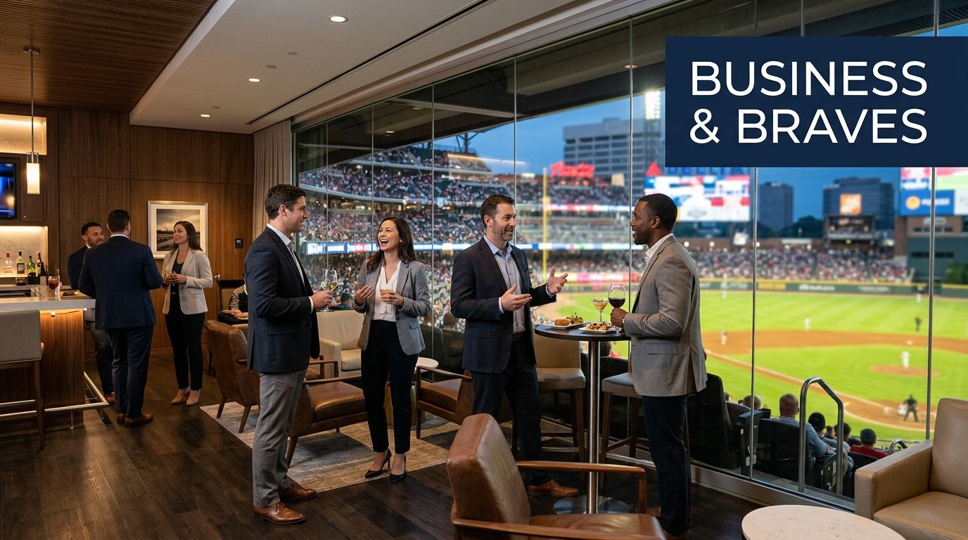 A diverse group of business professionals networking in a luxury suite overlooking a professional baseball game.