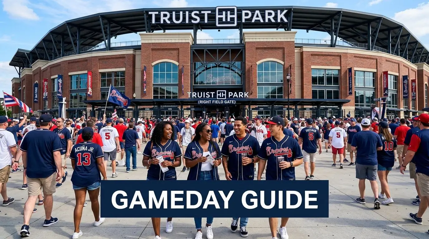 A group of fans walking outside the Truist Park stadium before an Atlanta Braves baseball game.