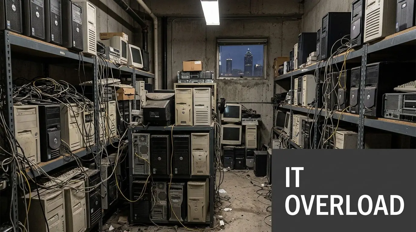 A cluttered IT equipment storage room filled with old desktop computers, cables, and servers with Atlanta skyline view.