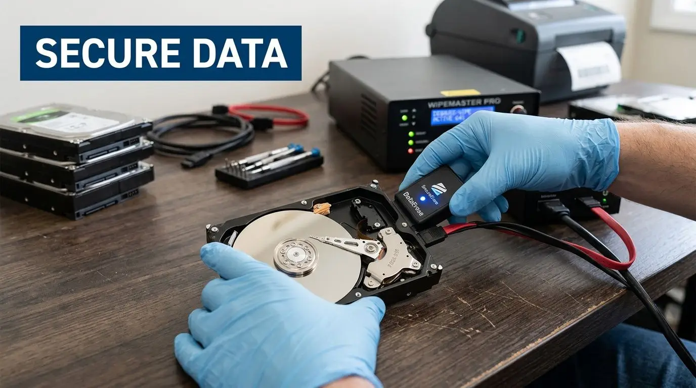 A technician wearing blue gloves securely erases sensitive data from a hard drive using specialized equipment.