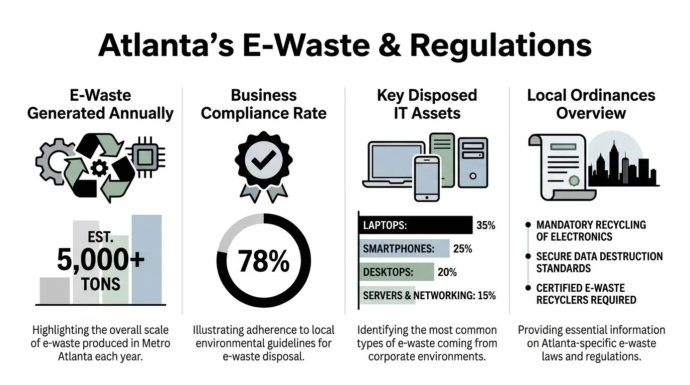 An infographic showing statistics on e-waste generation, business compliance, and common IT disposal assets in Atlanta.