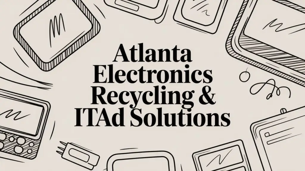 Text reading &ldquo;Atlanta Electronics Recycling & ITAD Solutions&rdquo; is centered among black and white sketches of various electronic devices, including tablets, monitors, chargers, and headphones, on a light background.