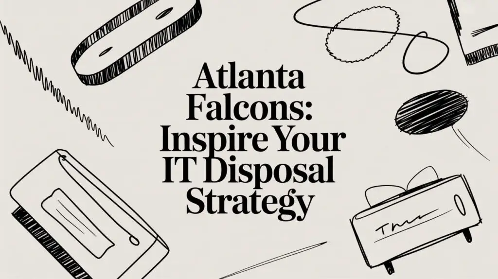 Black text reads &ldquo;Atlanta Falcons: Inspire Your IT Disposal Strategy&rdquo; on a light background, surrounded by black, hand-drawn sketches of IT items like a credit card reader, cassette tape, cloud, and abstract shapes.